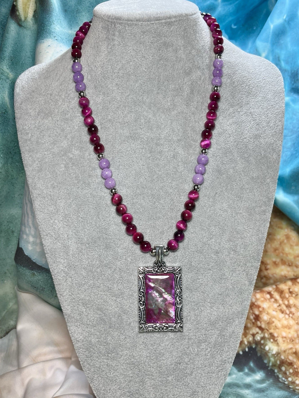 Gemstone Handmade Necklace Cherry Shell Pendant Cherry Tigers Eye Sugilite