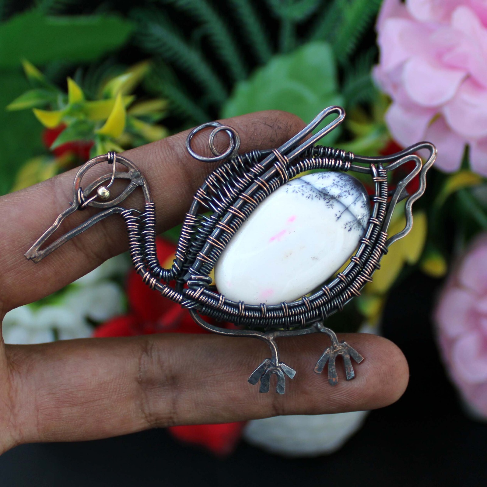 Dendrite Opal Gemstone Jewelry Mother Gift Copper Wire Wrapped Bird Pendant