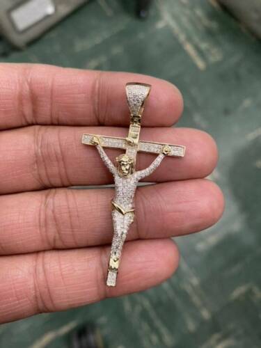 1.80Ct Round Cut Real Moissanite Crucifix Cross Pendant 14K Yellow Gold Plated