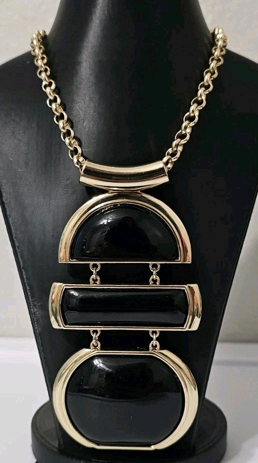 Chicos Gold Black Enamel Statement Necklace Geometric Bib Pendant Rolo Chain 24″