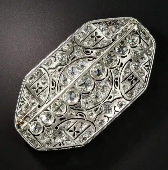 Vintage Art-deco Brooch Pin 6CT Simulated Diamond 14K White Gold Plated 3 inch