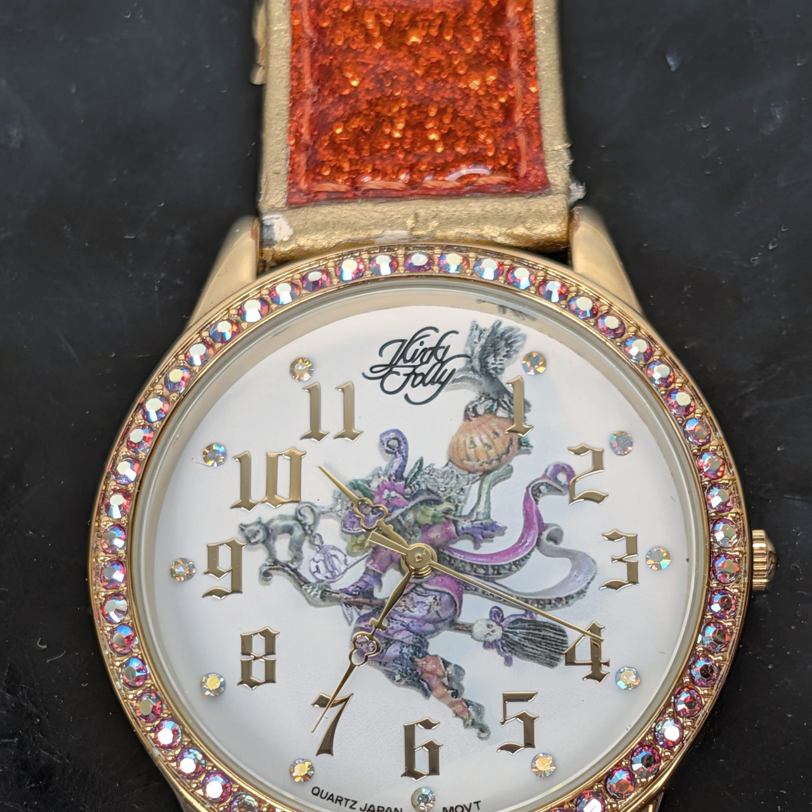 Kirks Folly Divine Diva Watch K4873 Halloween Witch Pumpkin Glitter Rhinestone