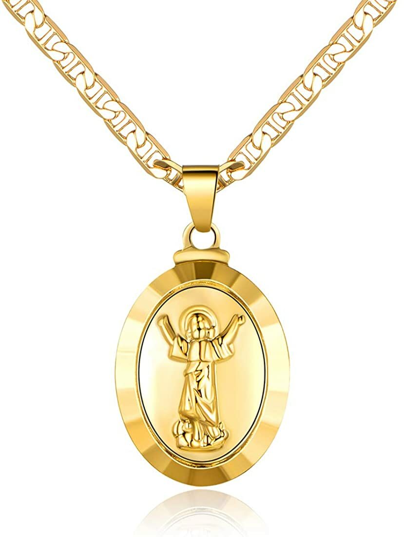 Baby Jesus Necklace for Women Men Boys Girls 18K Gold Plated Flat Mariner 24″