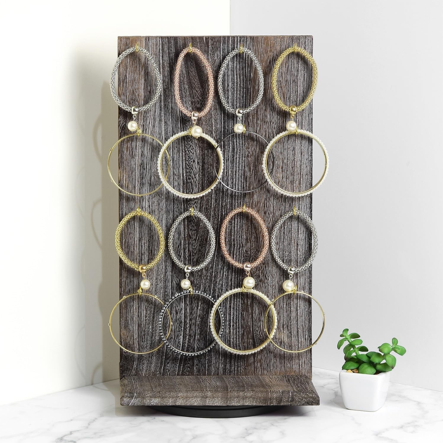 Elegant Wood Rotating Two-Sided Jewelry Display with 32 Hooks in Coffee Finish