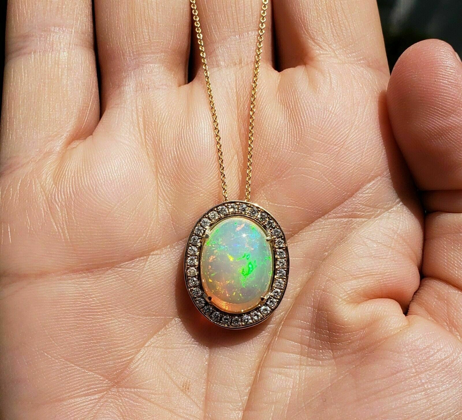 Delicate 3.20Ct Oval Cut Fire Opal Halo Pendant Necklace 14K Yellow Gold Finish.