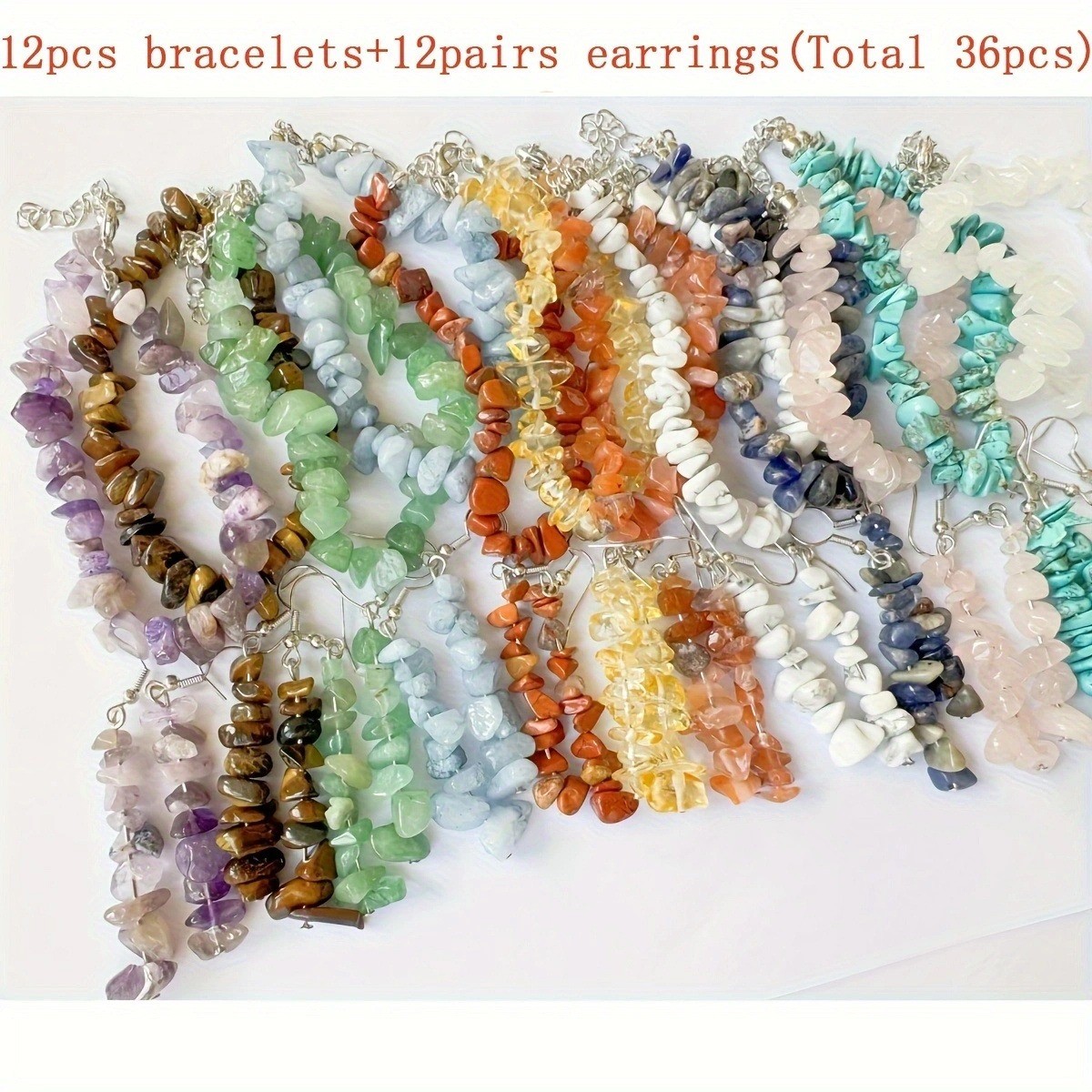 36pcs/set Natural Stone Jewelry Boho Crystal Bracelet Earrings Bead Chakra Reiki