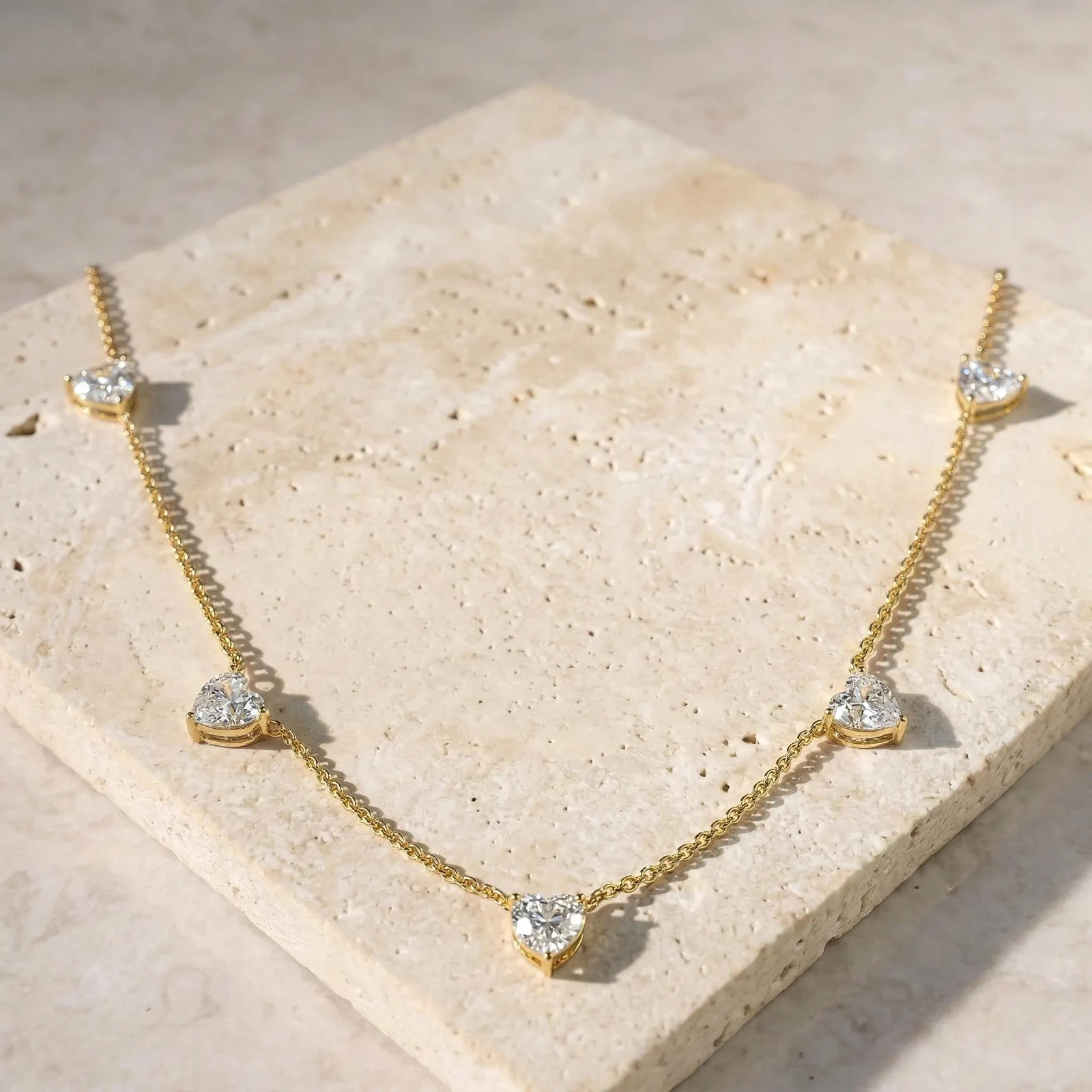 Moissanite Station Necklace for Women, Yellow Gold Plated Heart Cut Chain