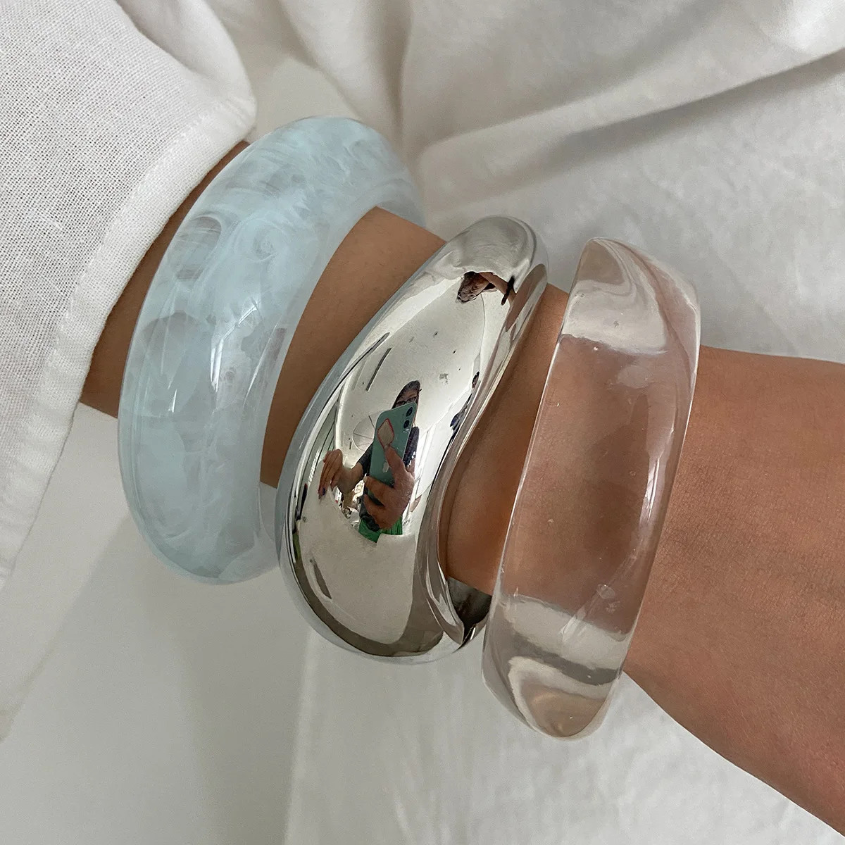 Acrylic Resin Cuff Bangle Women Silver Tone Geometric Round Layered Jewelry