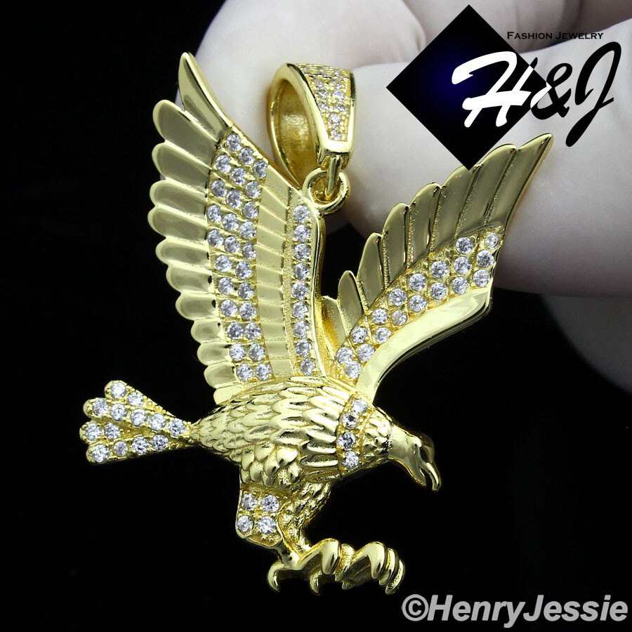 MEN 925 STERLING SILVER ICY CUBIC ZIRCONIA GOLD PLATED 3D EAGLE PENDANT*GP149