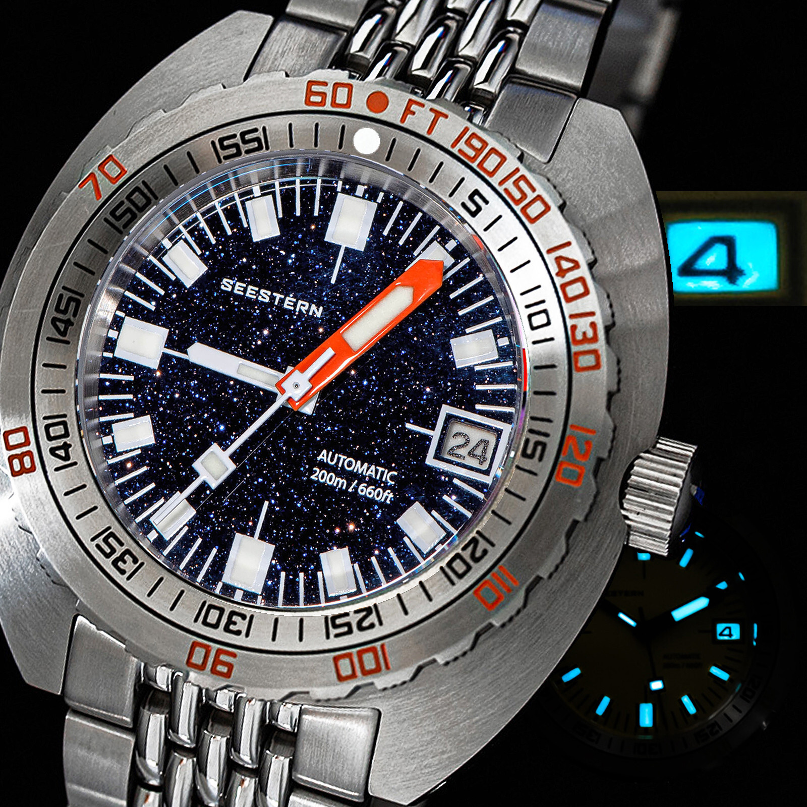 Seestern V3 42MM SUB 300T LUME DATE 200m DIVER’S Mens Watch DOX10 BlueGold Stone
