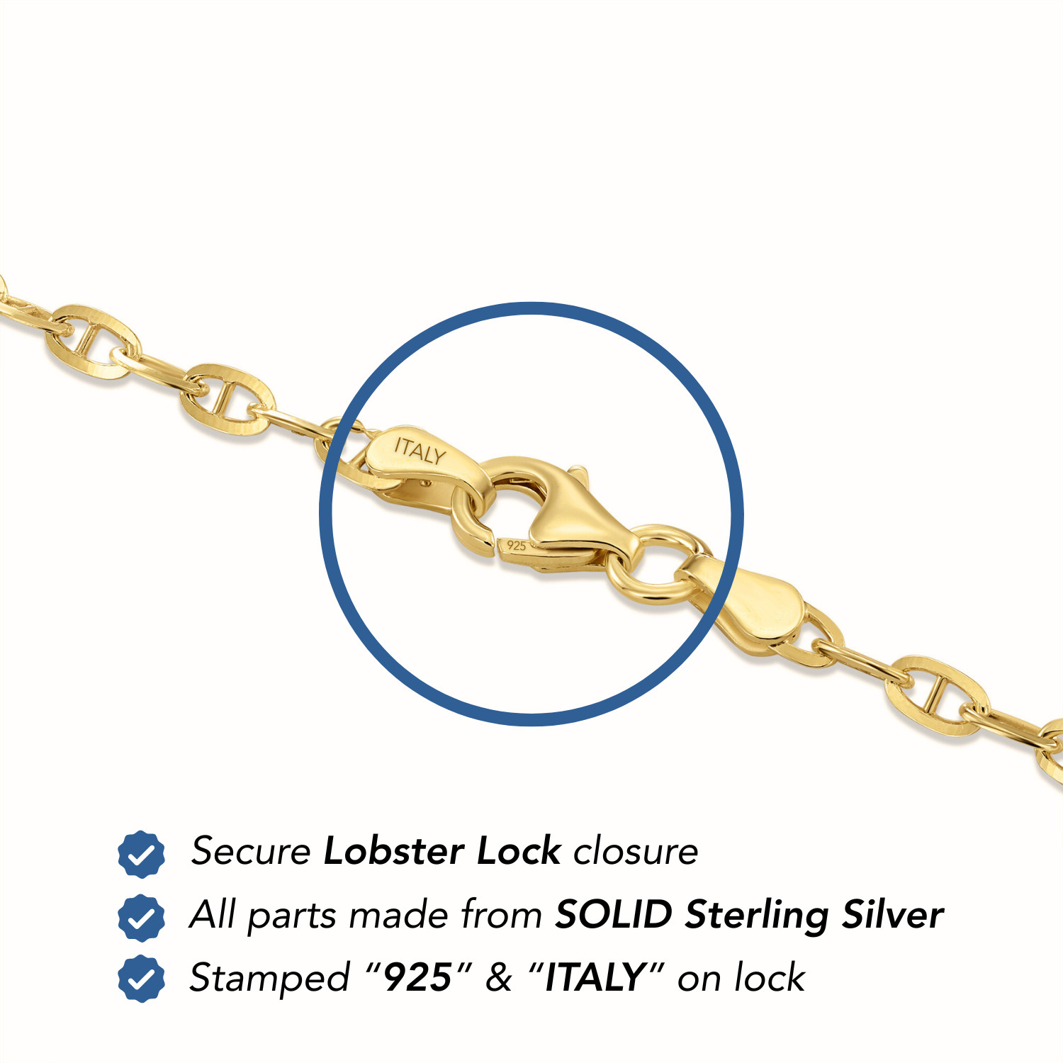 Gold 2.75mm Anchor Mariner Chain Italian Necklace 16″-20″ 925 Sterling Silver