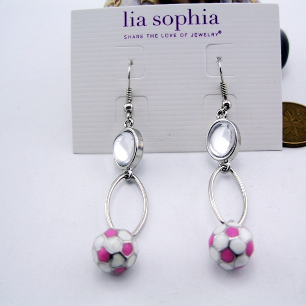 Hanging pink and white enamel football dangle earrings