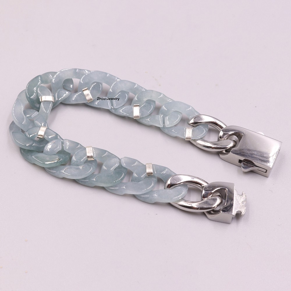 Real Grade A Natural Blue Jade Bracelet Jadeite Cuban Curb Link Chain 5.9-9.4in