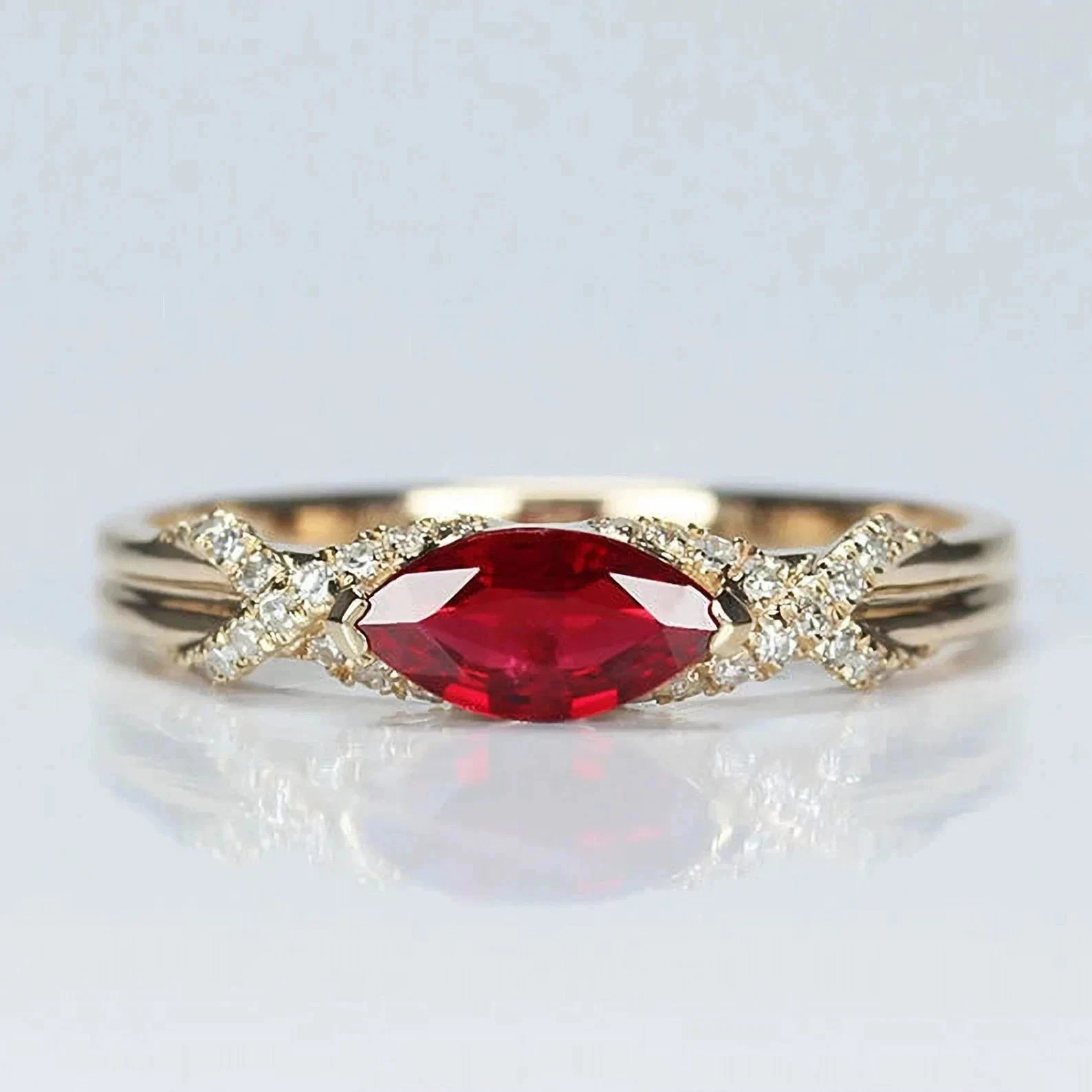 2.56 Ct Marquise Cut Natural Ruby Diamond & Wedding Ring 14K Yellow Gold