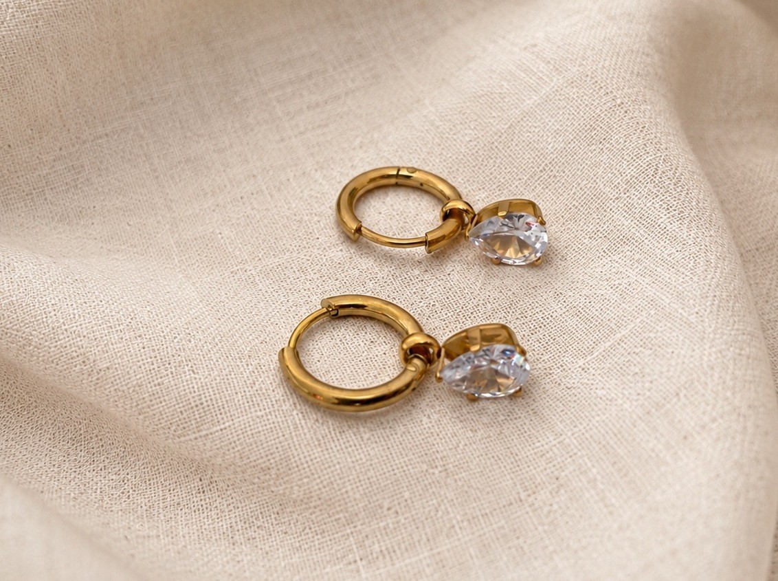 18K Gold Plated Teardrop Crystal Huggie Hoop Earrings Stainless Steel