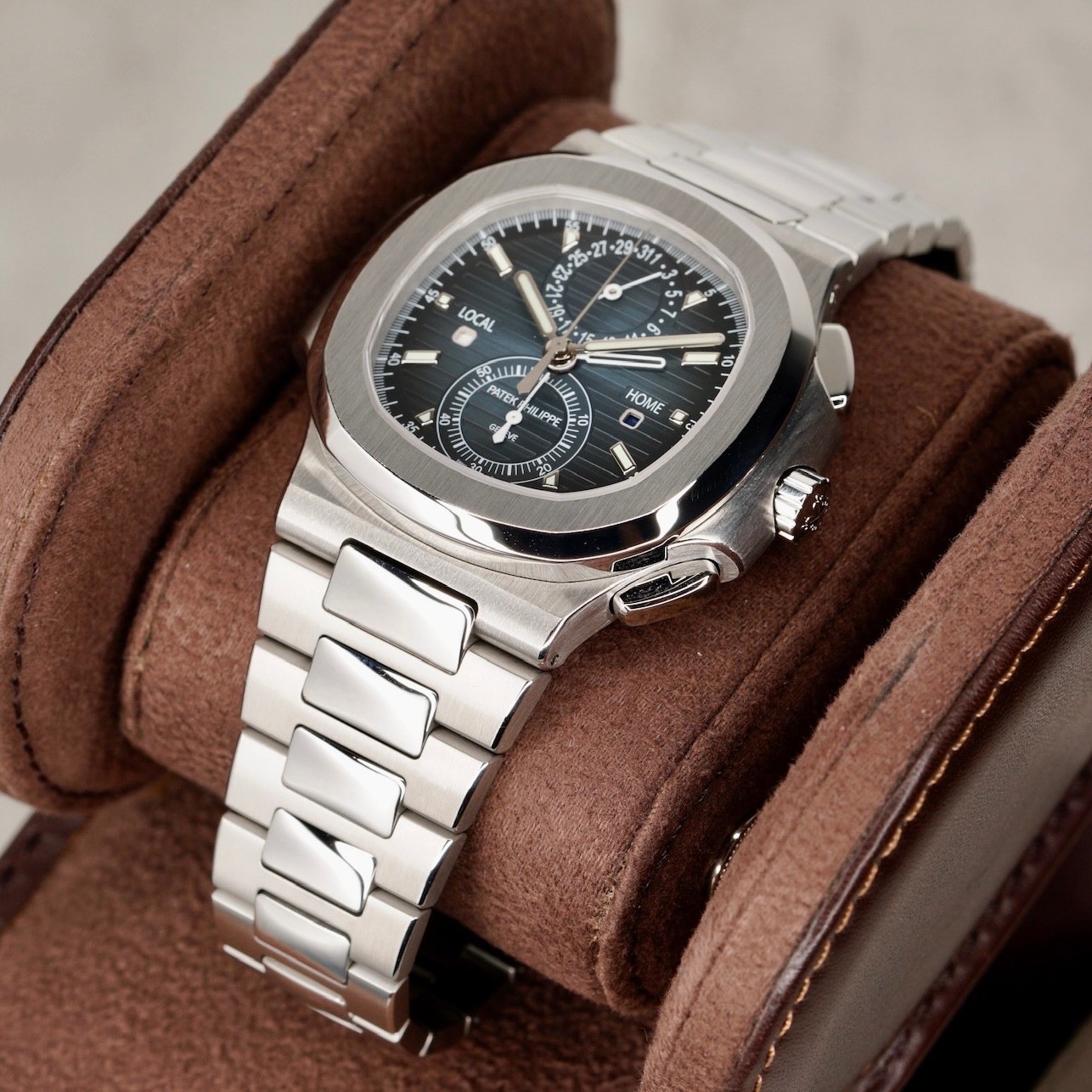 NEW Patek Philippe Nautilus 5990/1A-011 Blue Smoked Dial Travel Time Chronograph