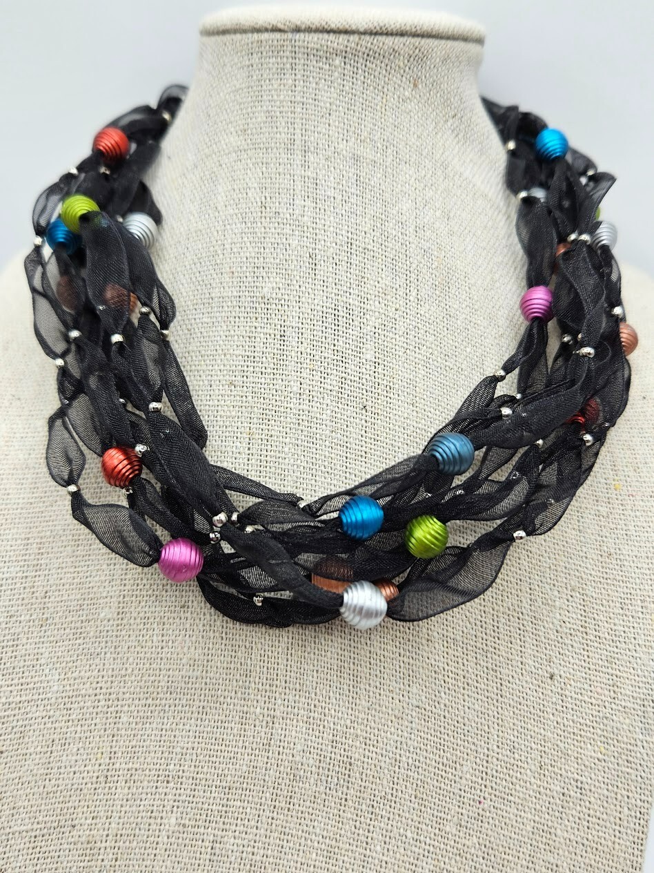 Black Laced Necklace 9 Strands SilverToned Dainty Beaded Cluster Multicolor 16″