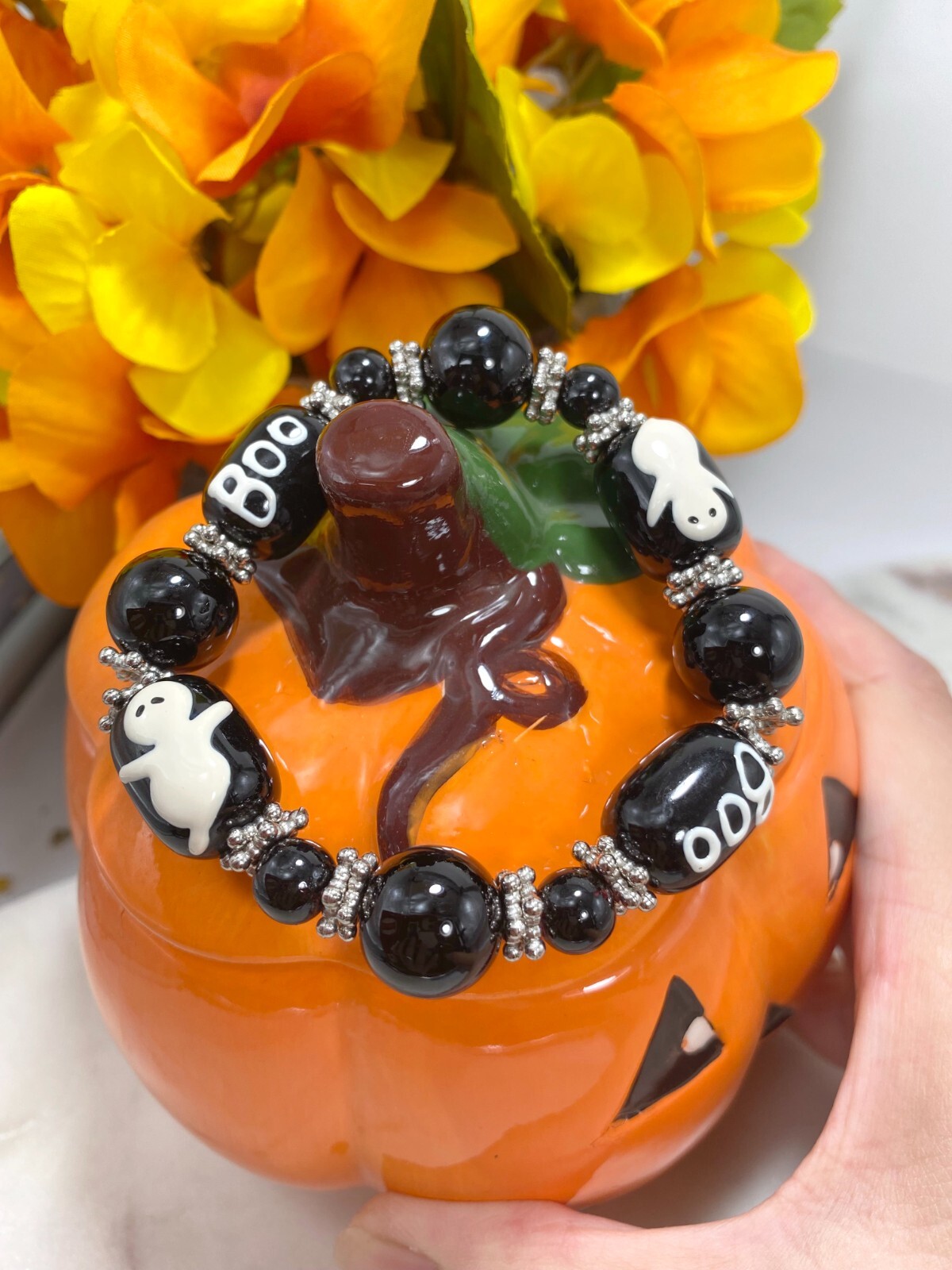 Halloween Bracelet Ghost Boo Black Unique Beaded Stretch Bracelet for Women