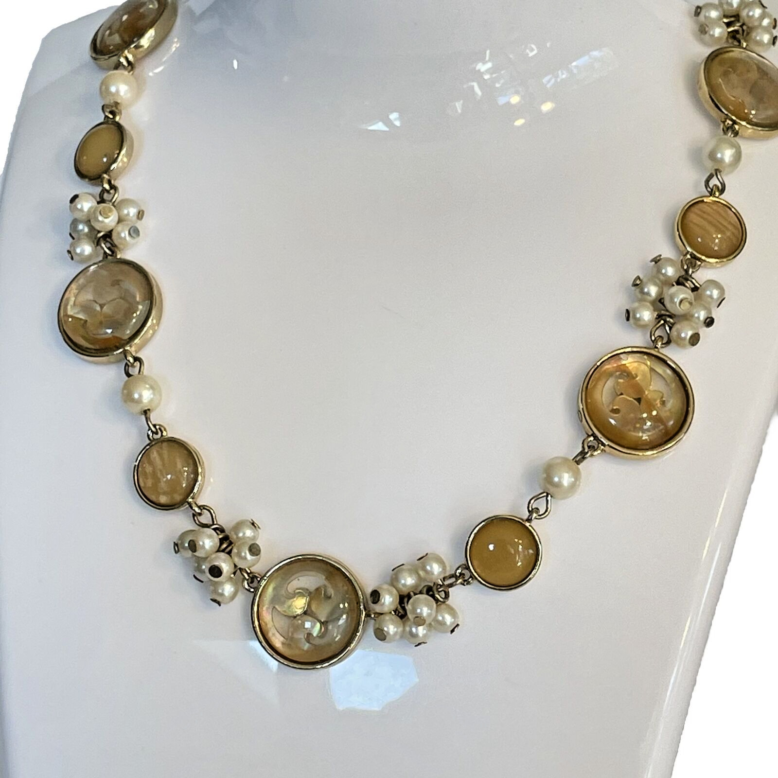 Demi Parure Pearl Amber Asian Resin Circle Necklace Moon Glow Open Work Set