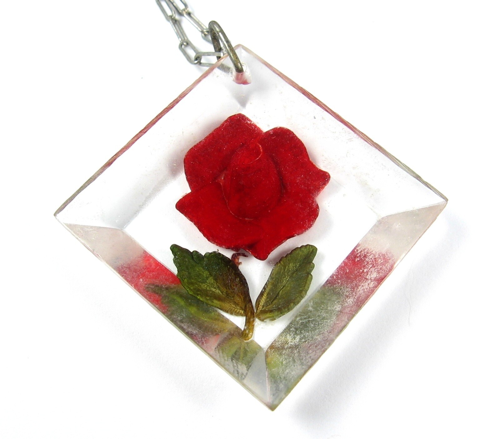 LUCITE Red ROSE NECKLACE & EARRINGS Vintage Set Screw Back Silvertone Chain 16″