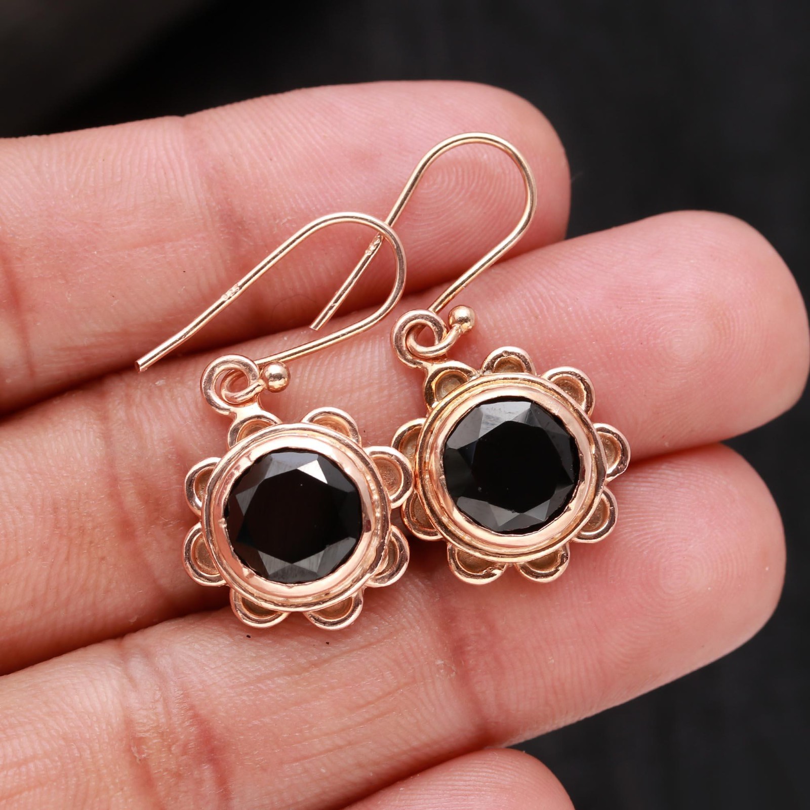 Natural Black Onyx Round Dangle Earrings Rose Gold Plated Solid Silver Jewelry