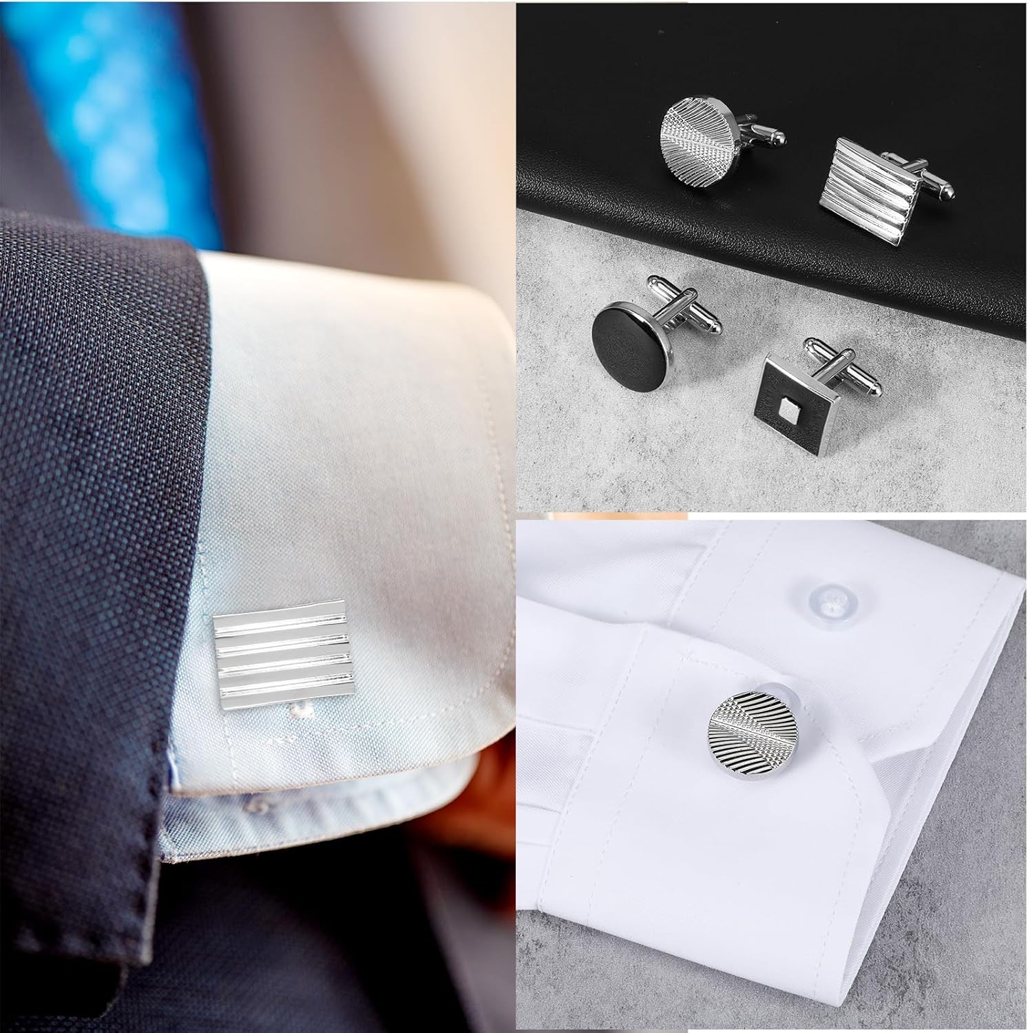8 Pcs Men’s Classic Cufflinks Cuff Links for Men Silver Black Striped Disc Squar