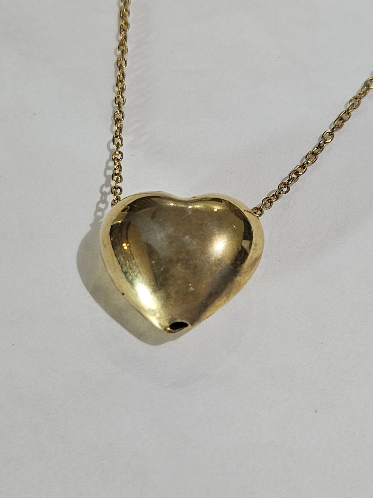 Vintage Goldtone Metal Puffy Heart Necklace Spring Ring Clasp Metal Wear 15 in