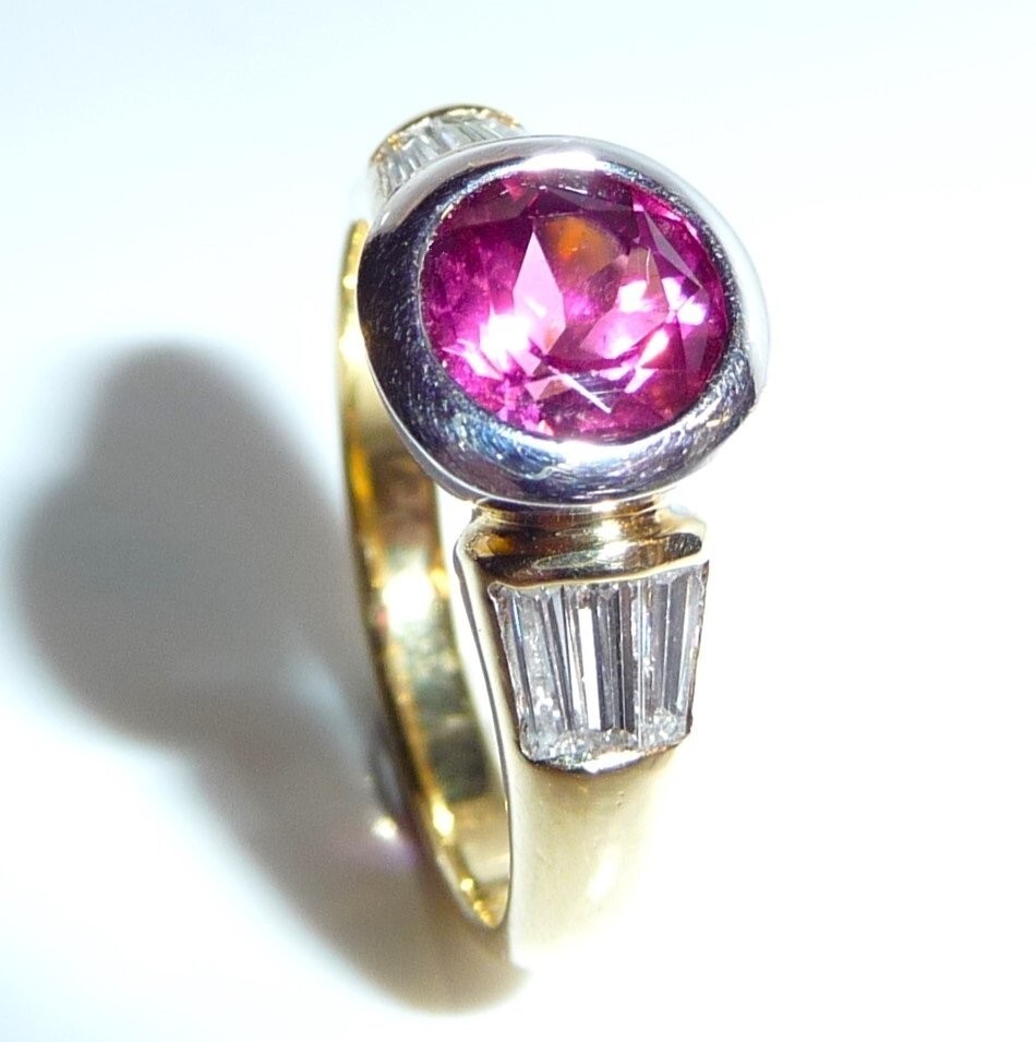 Ring 750 yellow gold 1.28ct pink tourmaline 0.60ct diamonds size 55/17.5 mm rubellite