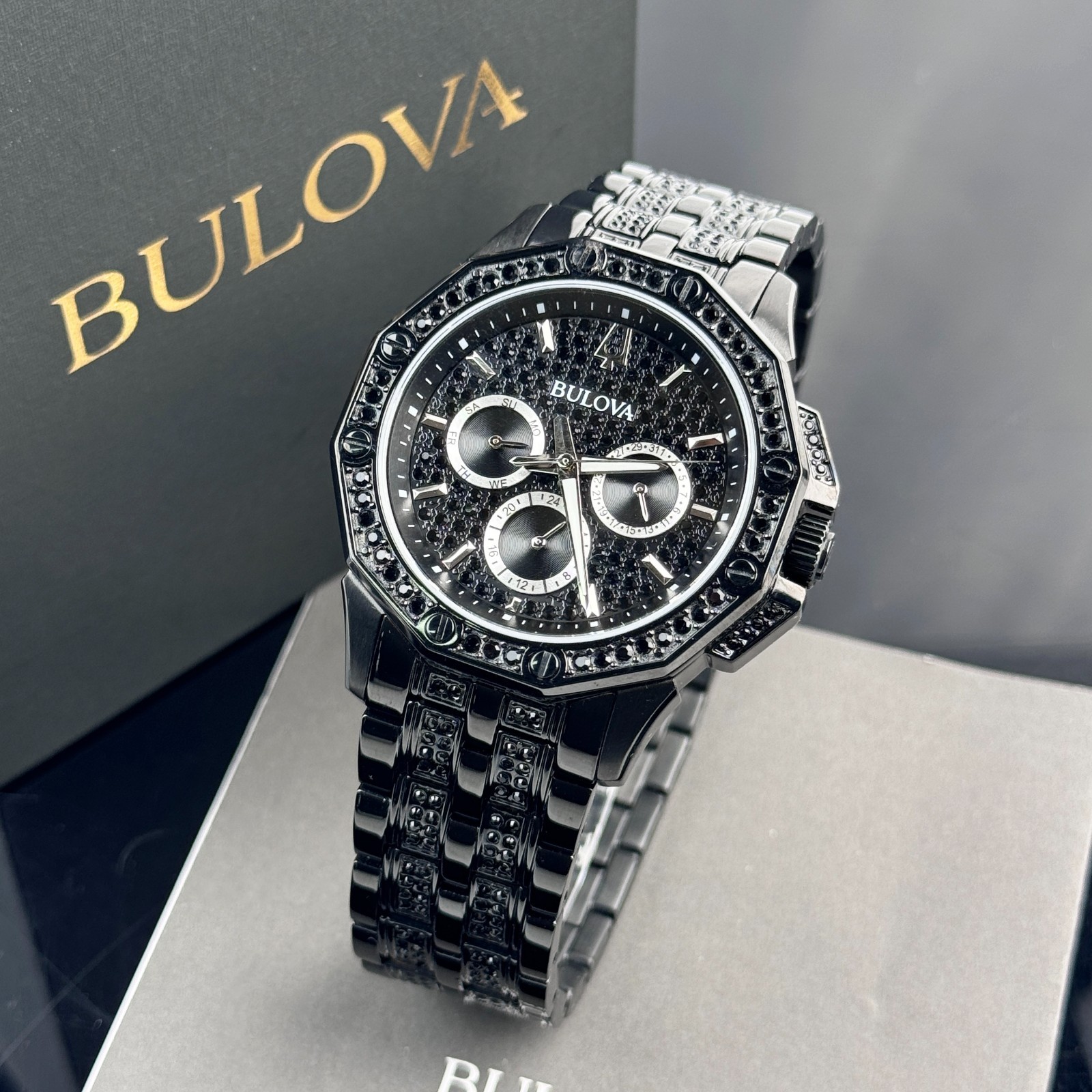 Bulova Octava Black Pave Crystal Stainless Steel Quartz Men’s Watch 98C134