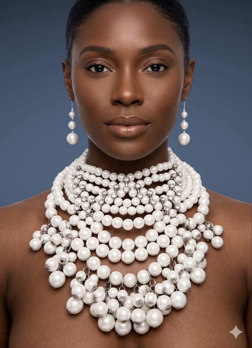 White Beads Clear Crystal Statement Burlesque Inspired Bib Necklace Earrings Set
