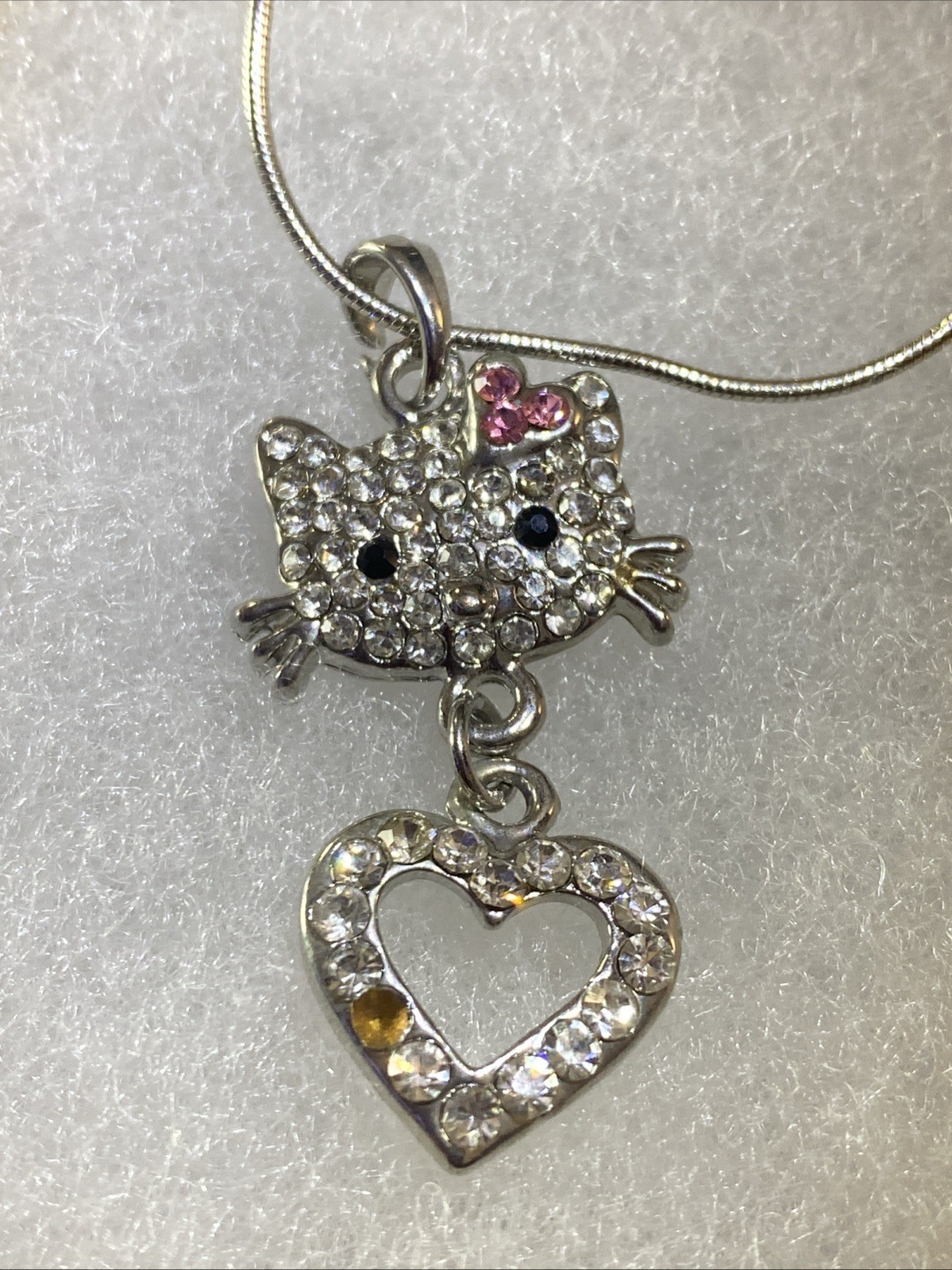 Nice Hello Kitty Cubic Zirconia Pendant On Silver Tone Snake Chain Necklace
