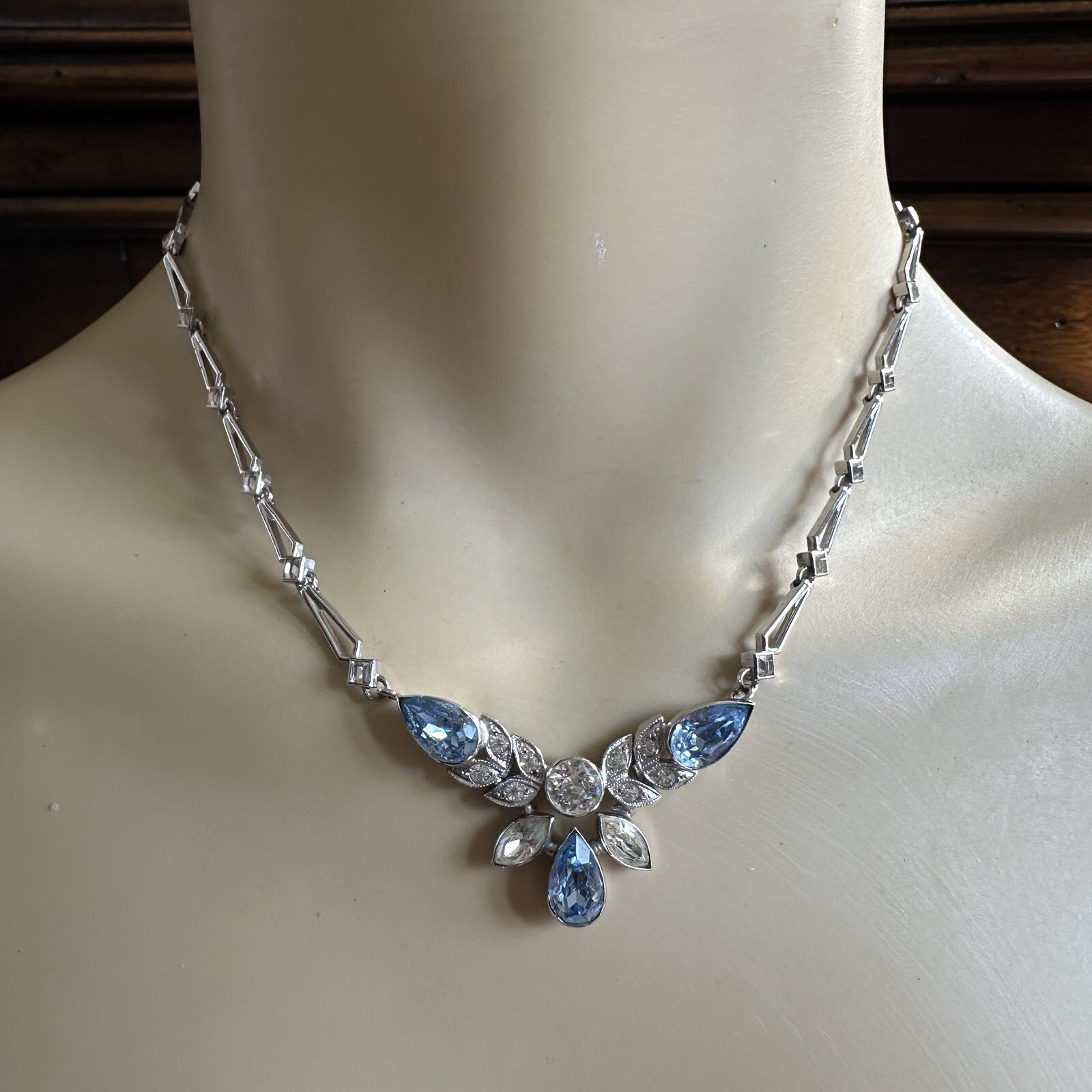 VTG Engel Brothers Art Deco Link Necklace 15 Inch Clear Blue 925 Sterling 16.8g