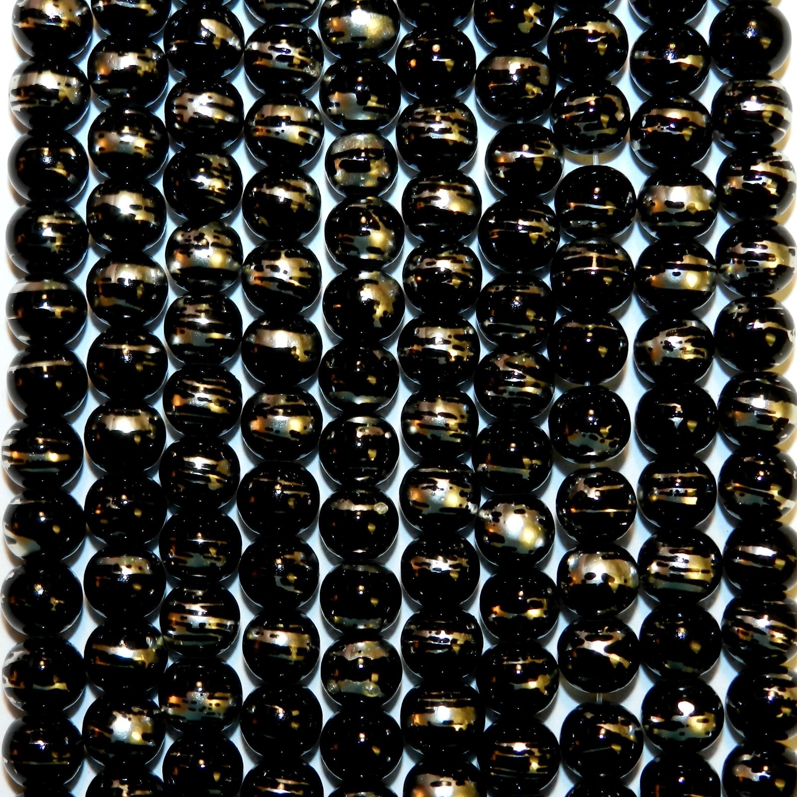 G1772 Black Opaque 8mm Round Silver Swirl Metallic Drawbench Glass Beads 32″