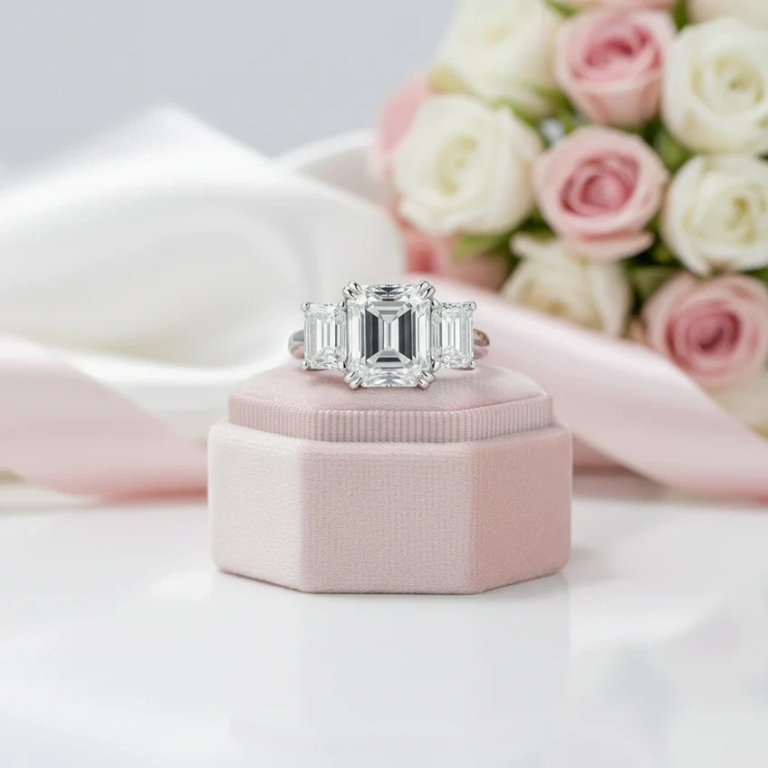 3CT Emerald Cut Created Diamond Option 3 Stone Engagement Ring In 925 Silver