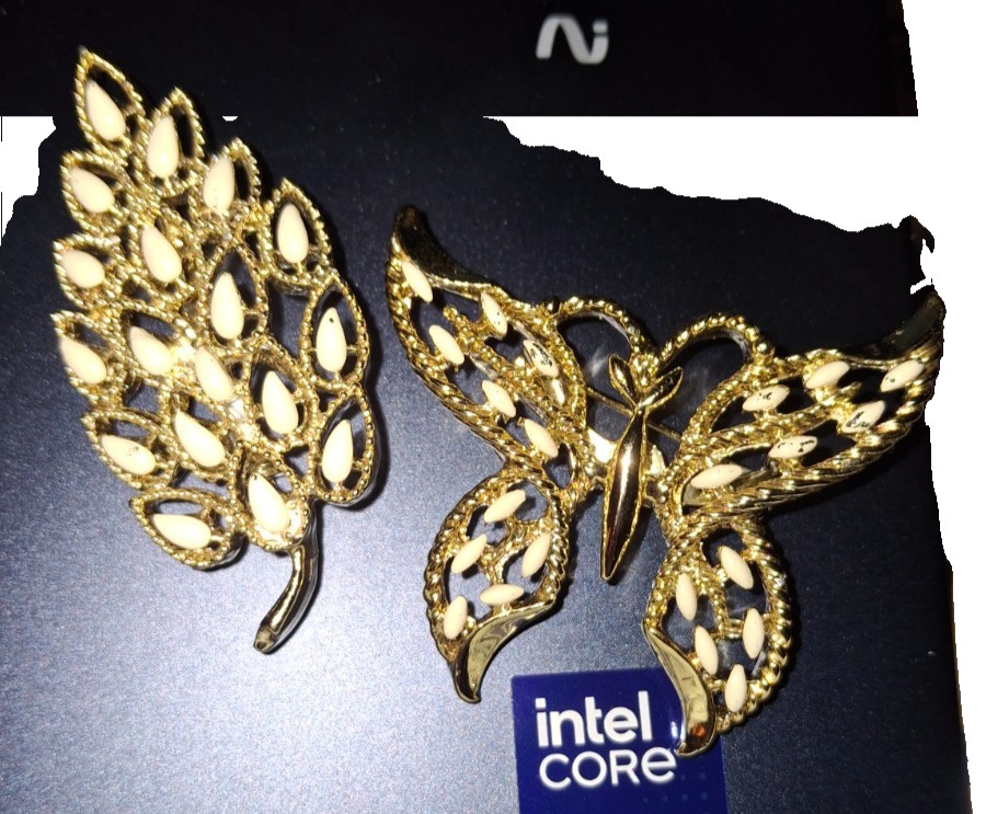 set 2 Vintage 1970s Gerry’s White Enamel butterfly & Leaf Gold Tone Brooch