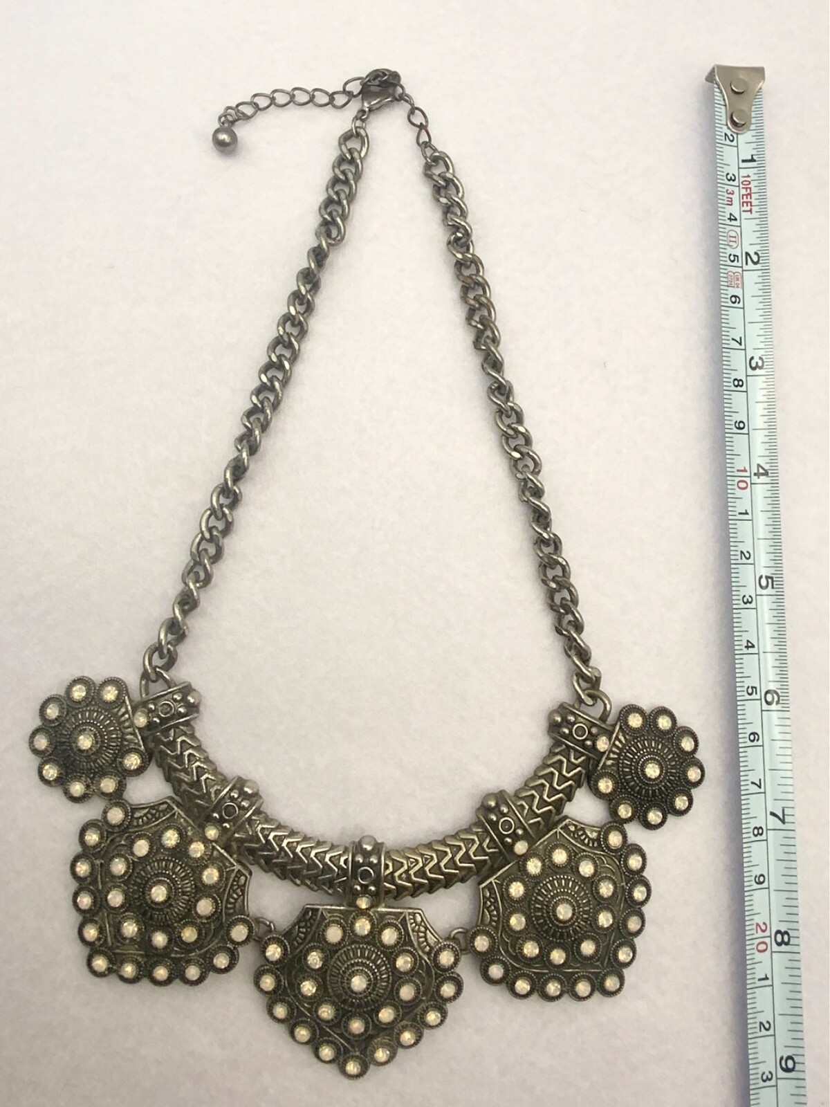 Steampunk Textured Metal Necklace Bib Silver Tone White Stone Textured