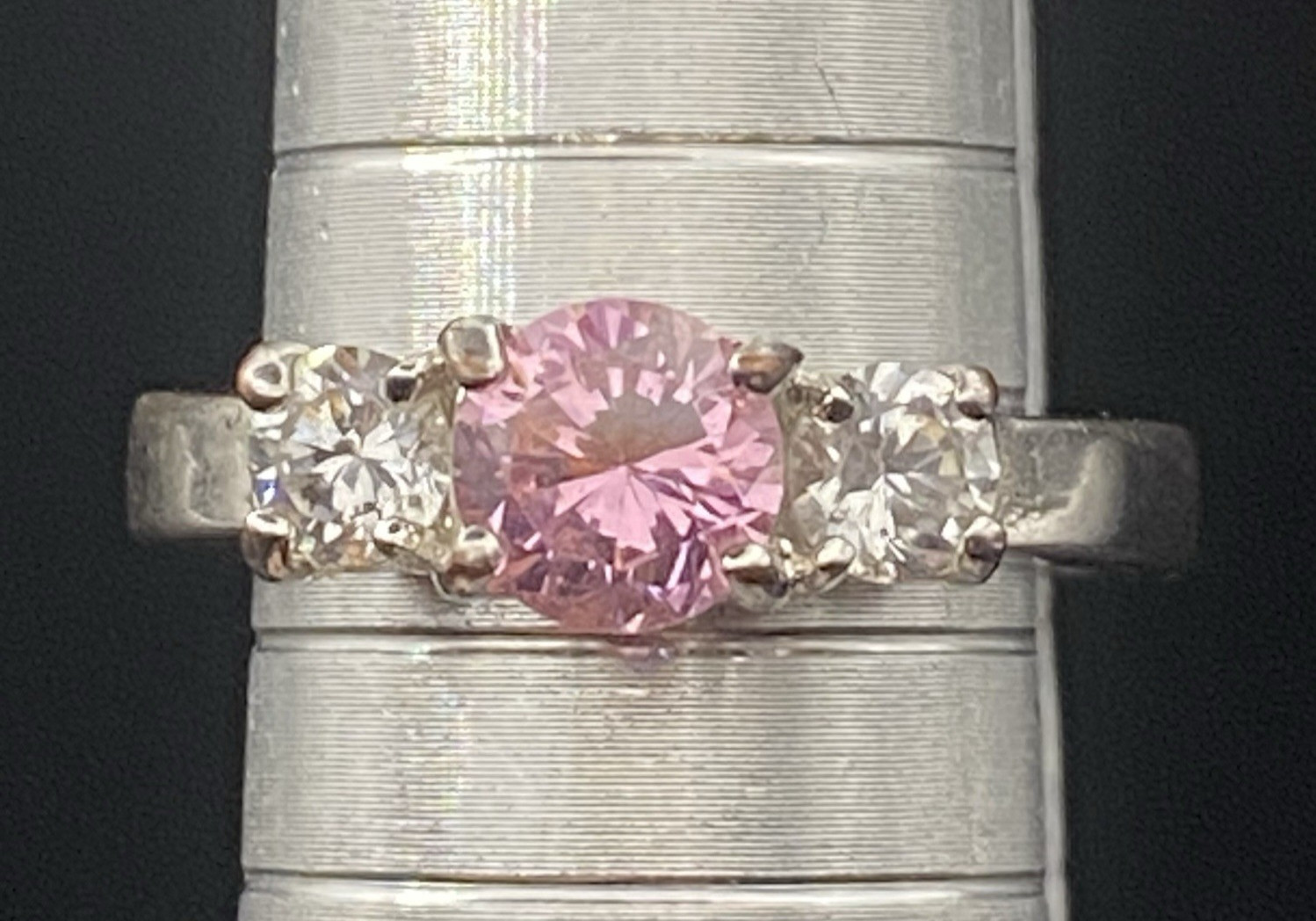Faux Pink Sapphire CZ Ring 3 Stone Silver Tone Size 7 Romance GLOWS READ LOOK