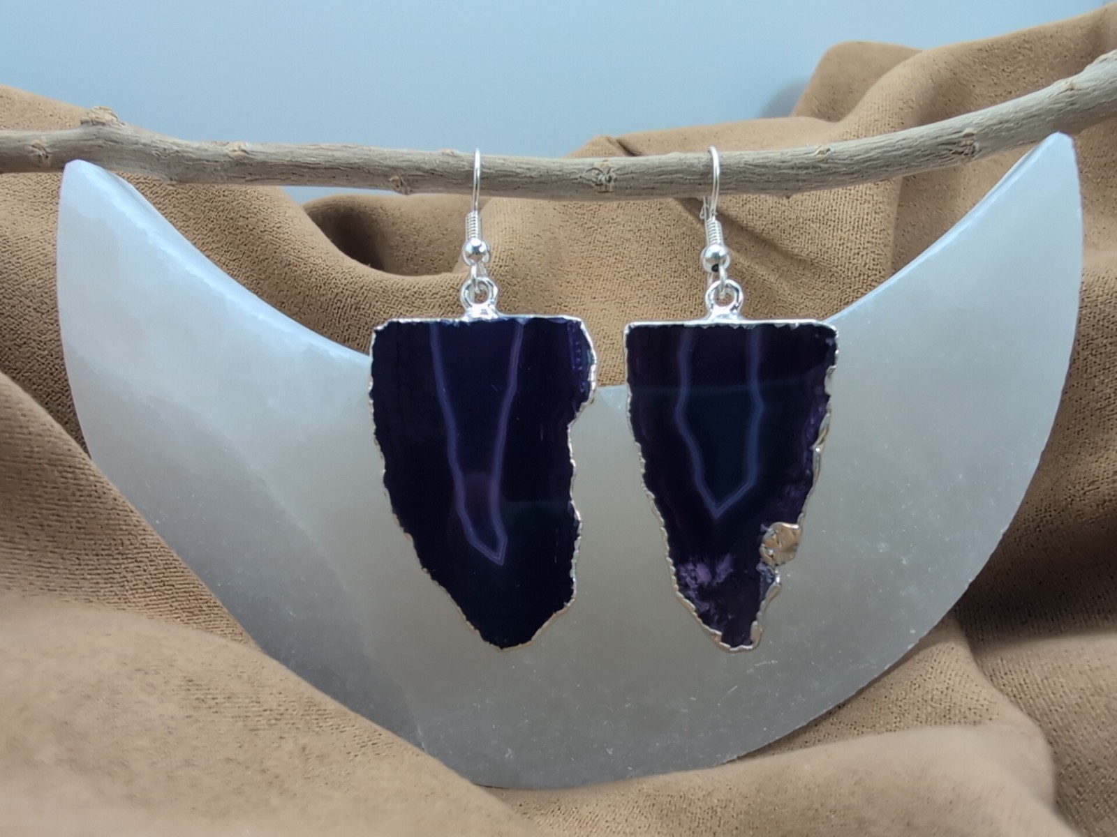 Natural Purple Agate Geode Slices Hook Earrings With Silver Plated Edge Brazil
