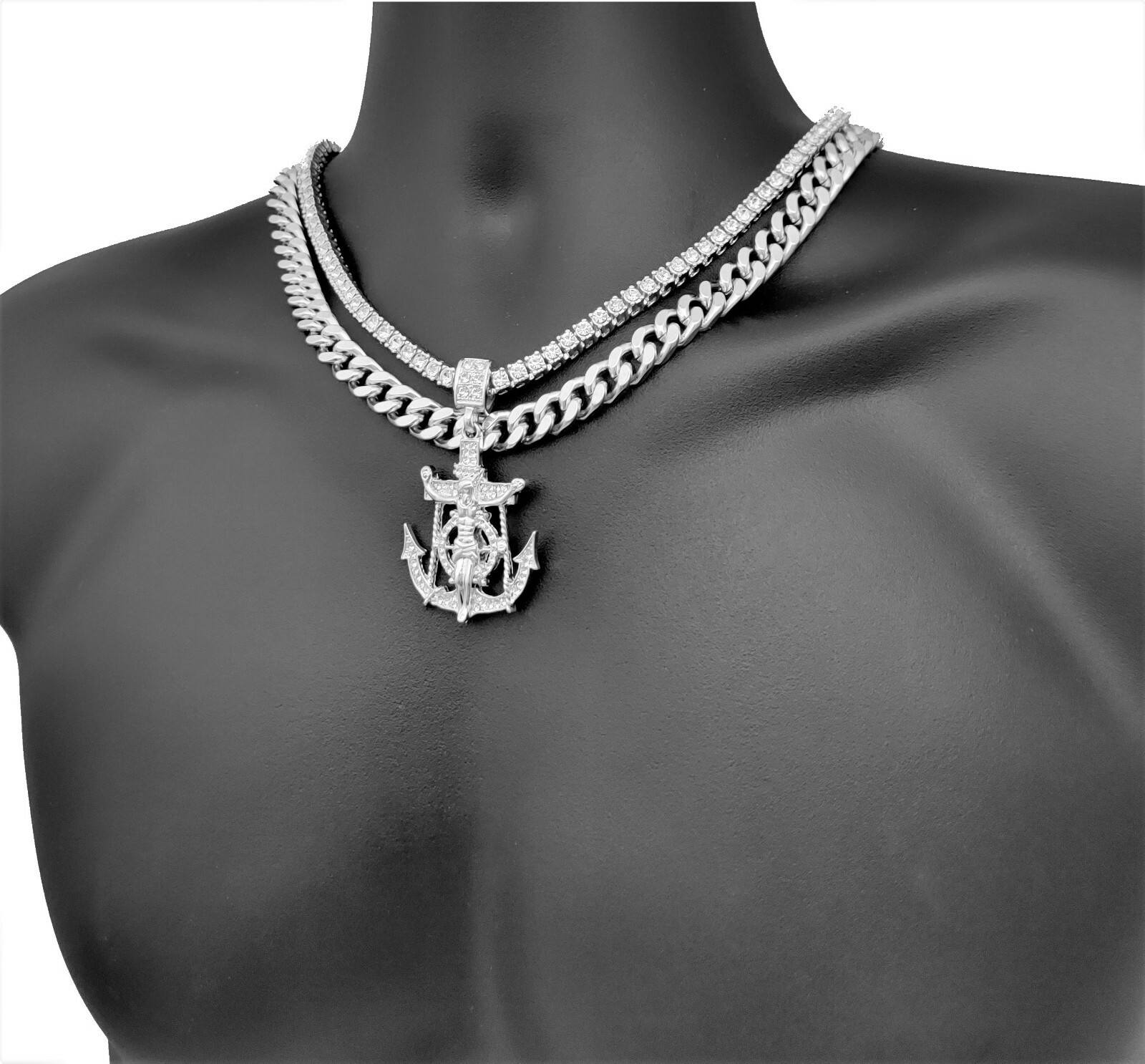 Jesus Anchor Pendant w 18″ Tennis & Cuban Link Chain Necklace Plated CZ Jewelry