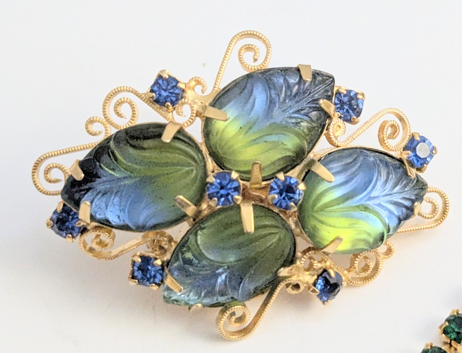 Vtg Juliana Style Molded Green Blue Givre Glass Rhinestone Costume Jewelry Set