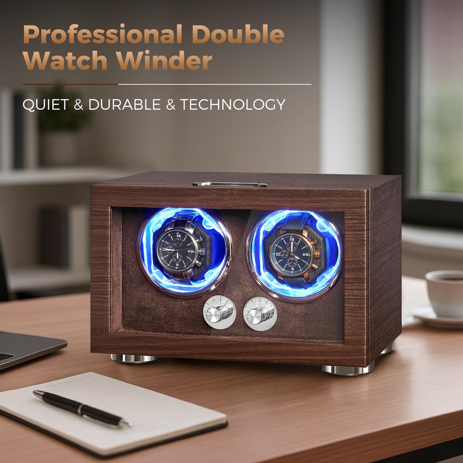 ANWBROAD Double Watch Winder, Automatic 6.49 x 10 x 6.77 inches, Walnut