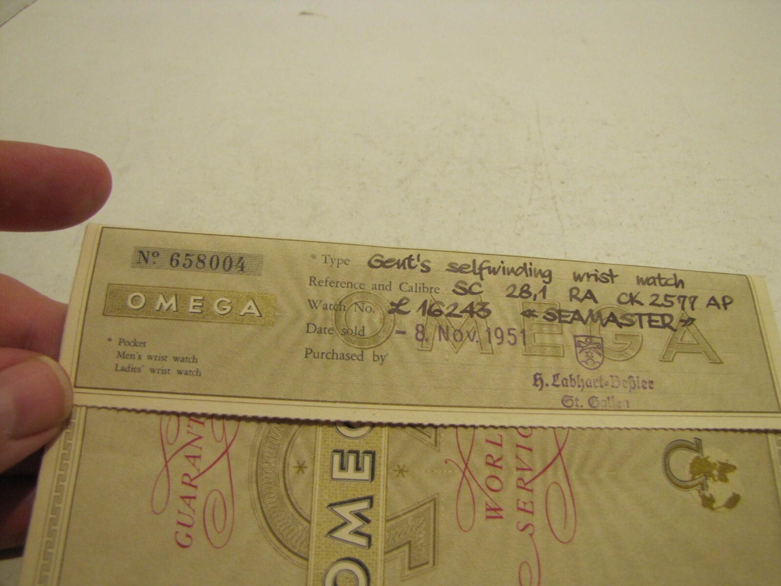 1951 OMEGA WORLD SERVICE GUARANTEE CERTIFICATE OF ORIGIN