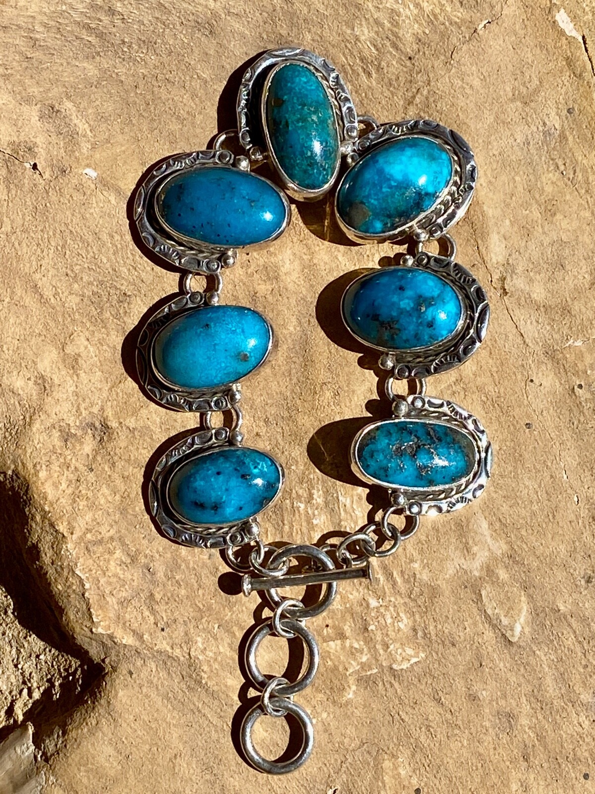 49.05 Gram Turquoise Persian Blue Cabochon Bracelet Bezel Sterling Silver Ttl Wt