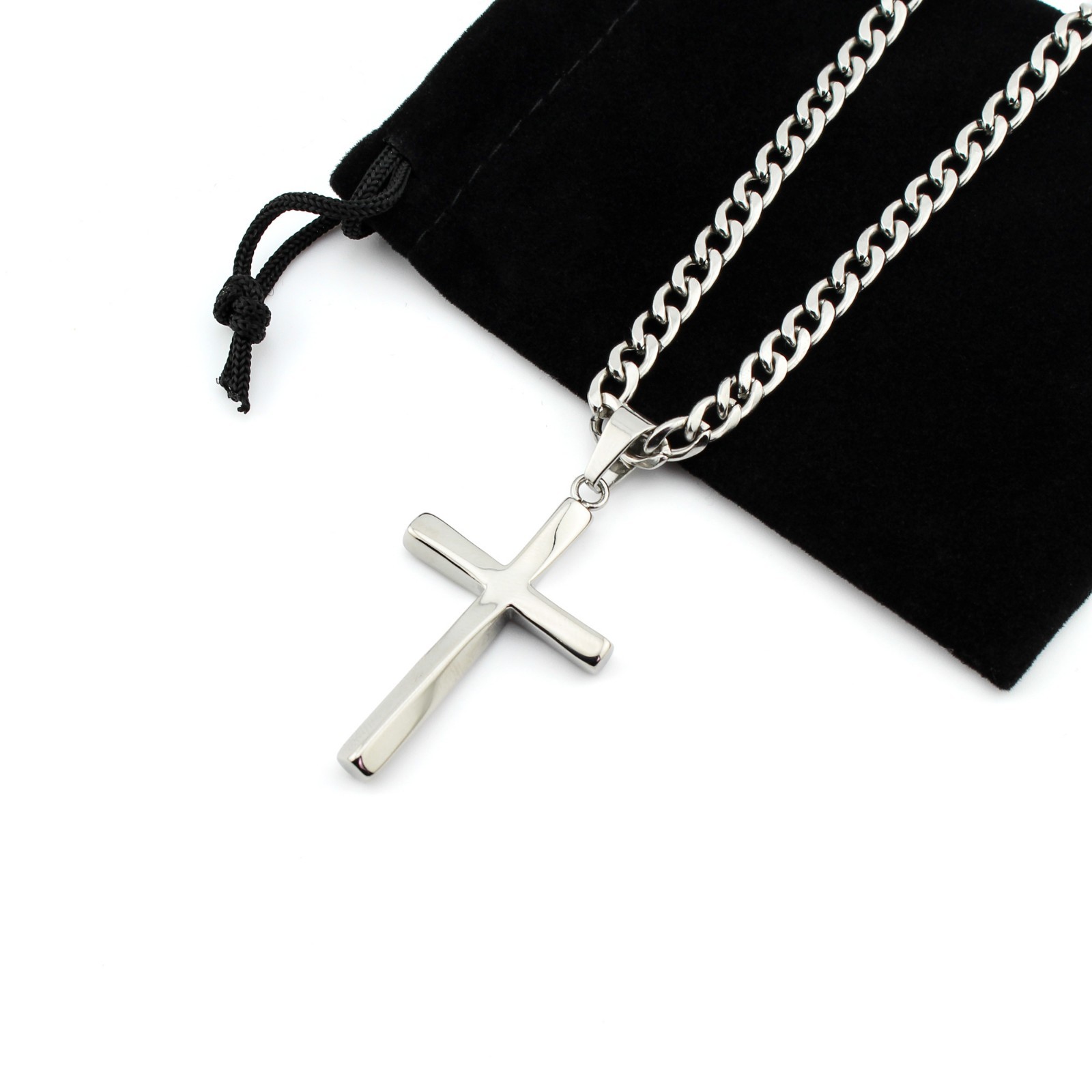 Men’s Stainless Steel Cross Necklace Cuban Link Chain Silver Pendant 5mm