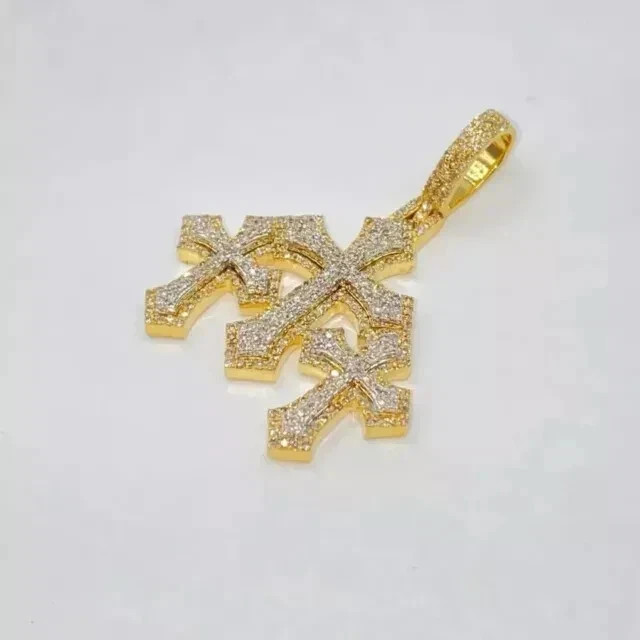 2.50Ct Round Real Moissanite Men’s Triple Cross Pendant 14K Yellow Gold Plated