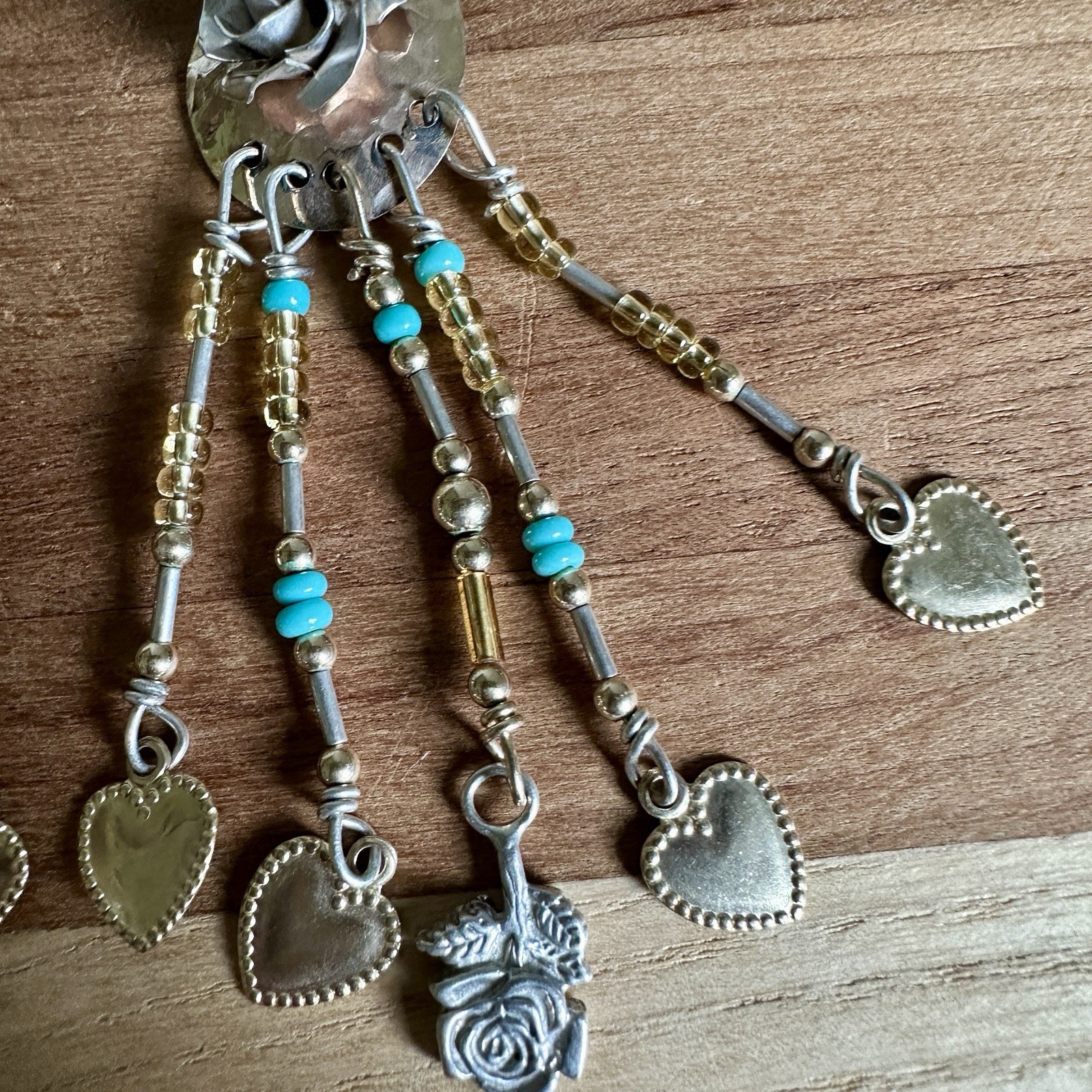 Artisan Western Hook Dangle Earrings 3 Inch Mixed Metals Beads Roses Hearts Love