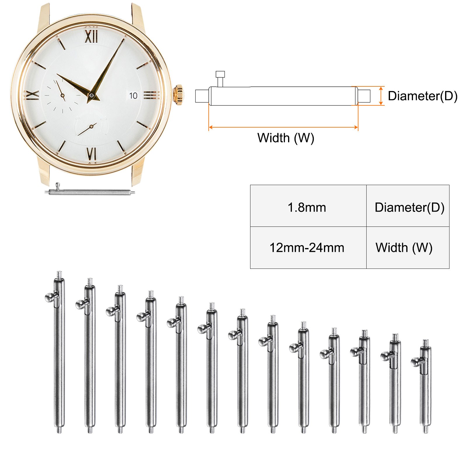 36pcs Quick Release Spring Bar 22mm Width 1.8mm Dia Stainless Steel Watch Pins
