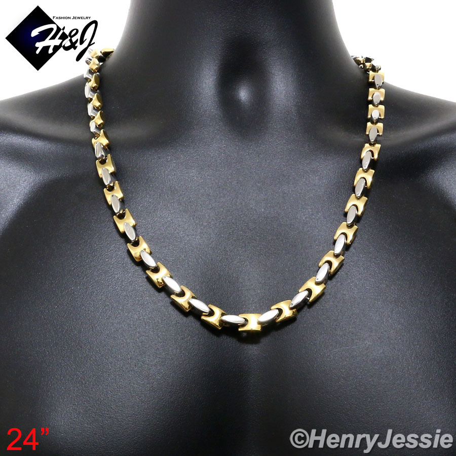 24″MEN Stainless Steel 8mm Sliver/Gold Plated Interlock Bones Link Necklace