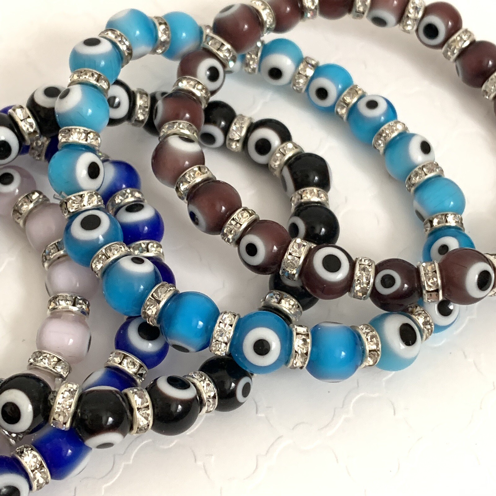 Evil Eye Bracelets Medium Glass Beads Crystals Elastic String Many Colors Stack