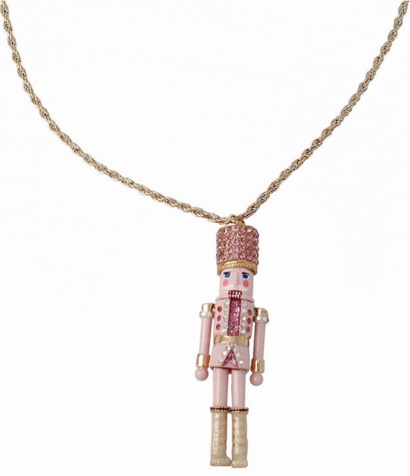 Nutcracker Charm Pendant Necklace Gold Tone Rope Chain Pink Crystal & Pearl